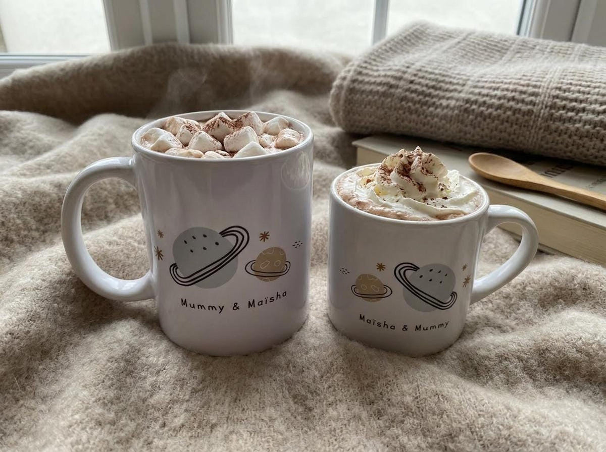 Two mugs filled with hot chocolate and marshmallows are placed on a knitted blanket, with a book and wooden spoon nearby.