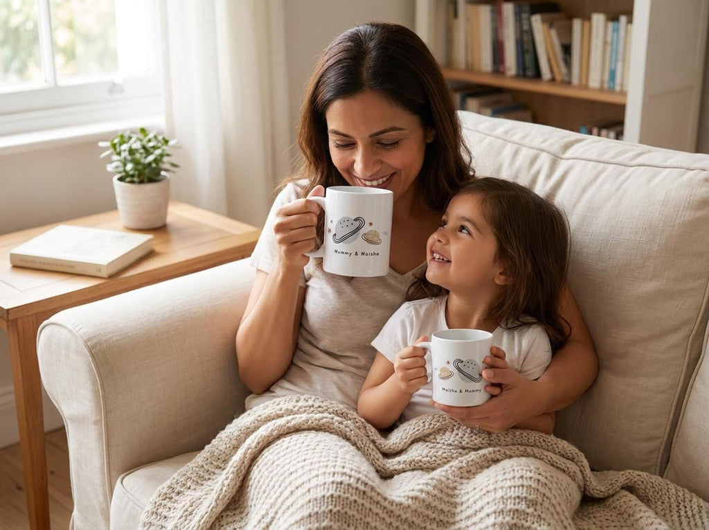 A woman and a young child sit on a sofa holding matching personalized space mugs while looking at each other and smiling.