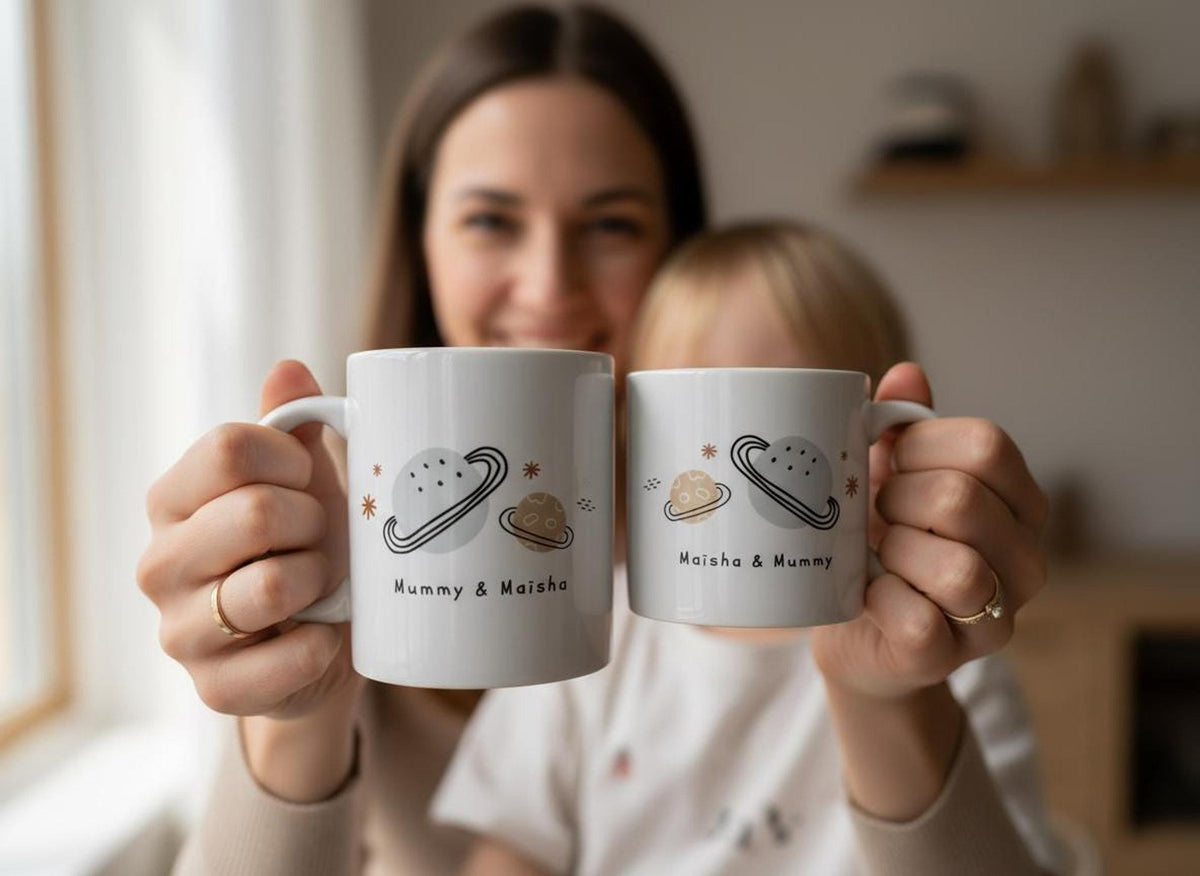 A woman and child hold up two matching white mugs decorated with planets and custom names towards the camera.