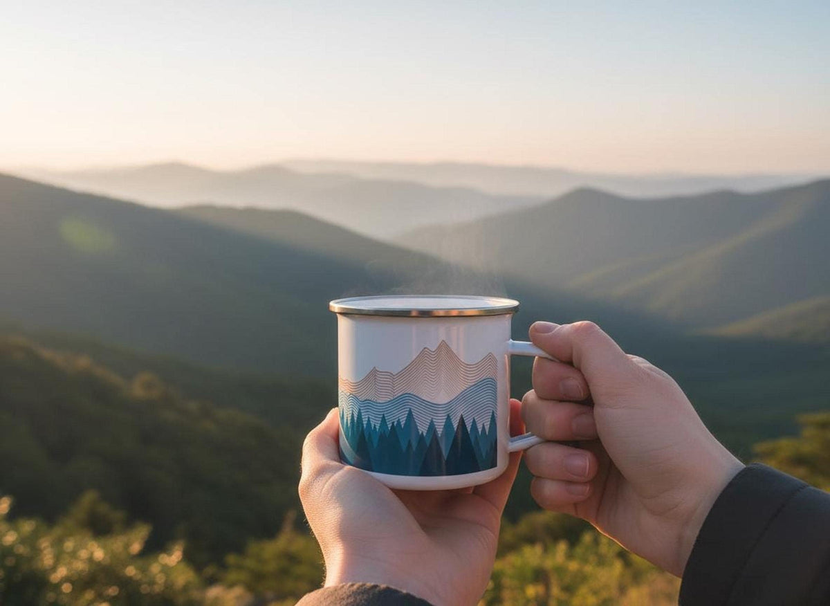 A person holds a steaming white enamel mug with a blue mountain and forest graphic overlooking distant hazy green mountain ridges.
