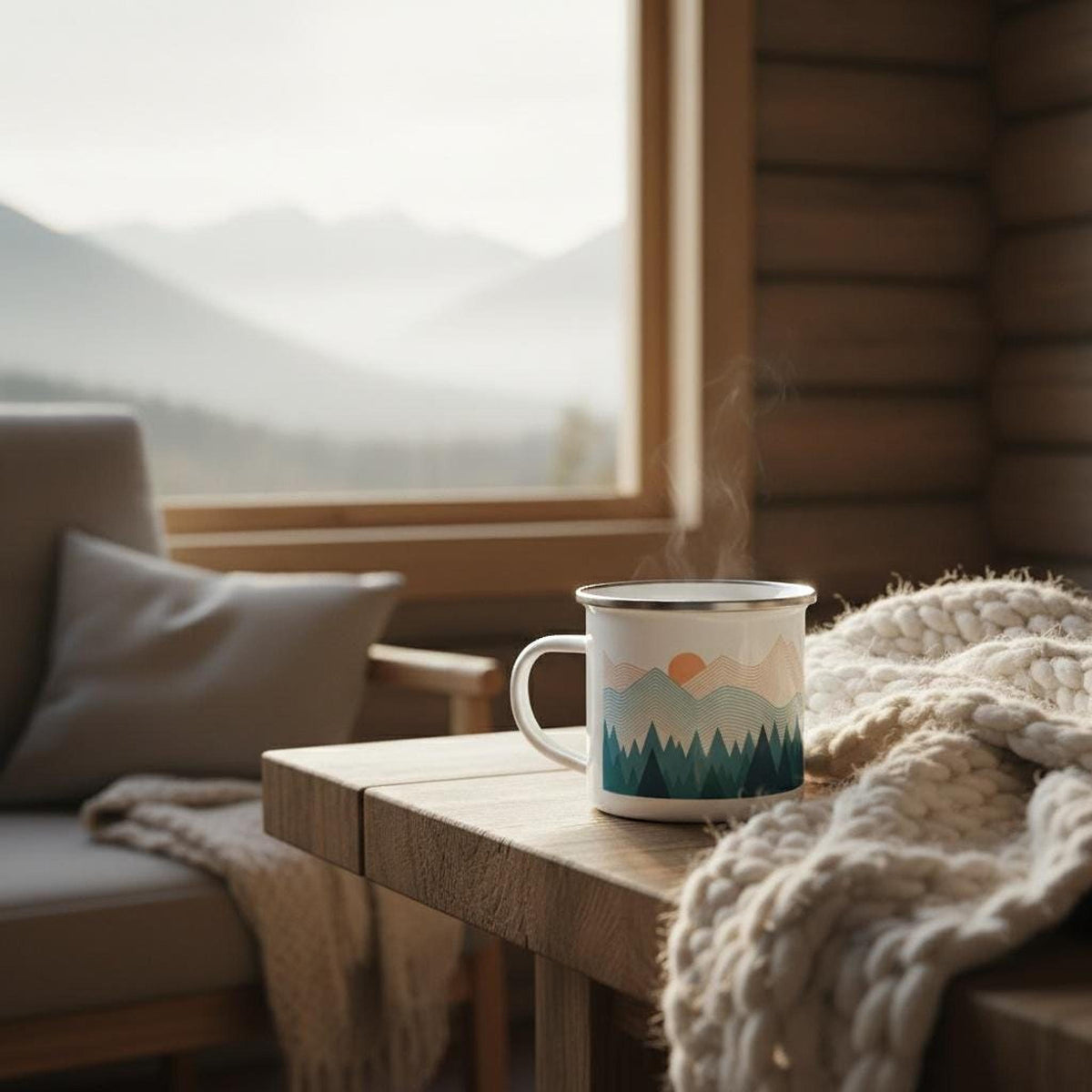 A white enamel mug with a mountain print sits on a wooden table next to a knitted blanket and a window showing distant mountains.