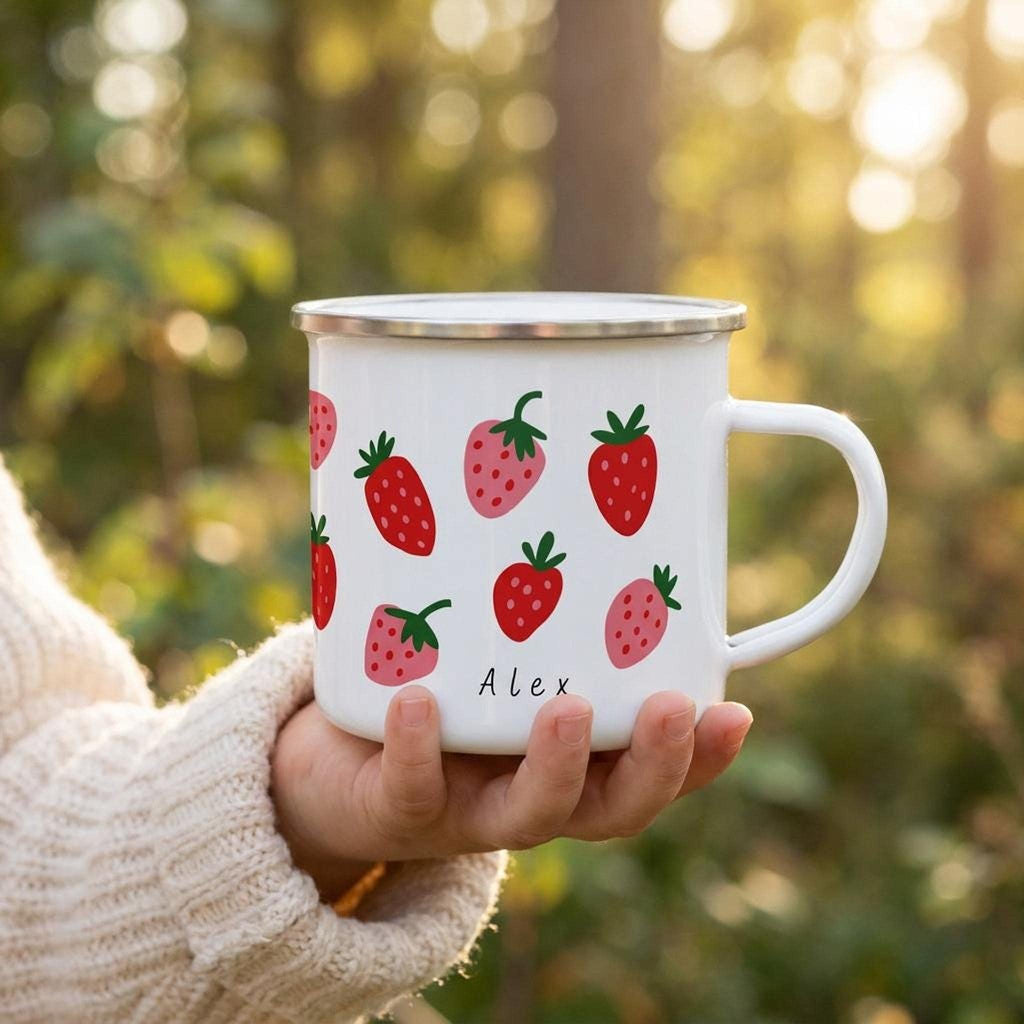 A hand in a cream sweater holds a white enamel mug decorated with red and pink strawberries and the name Alex.