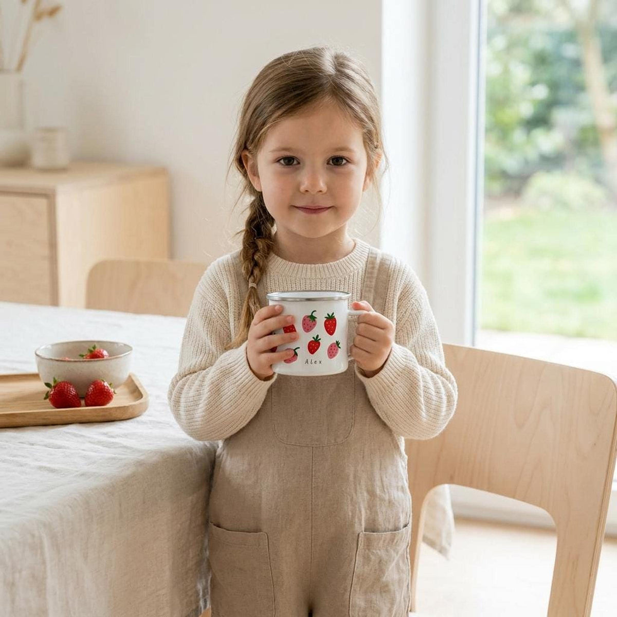 A young girl with a braided side-swept hairstyle wearing a knitted beige sweater holds a personalized strawberry enamel mug in a bright room.