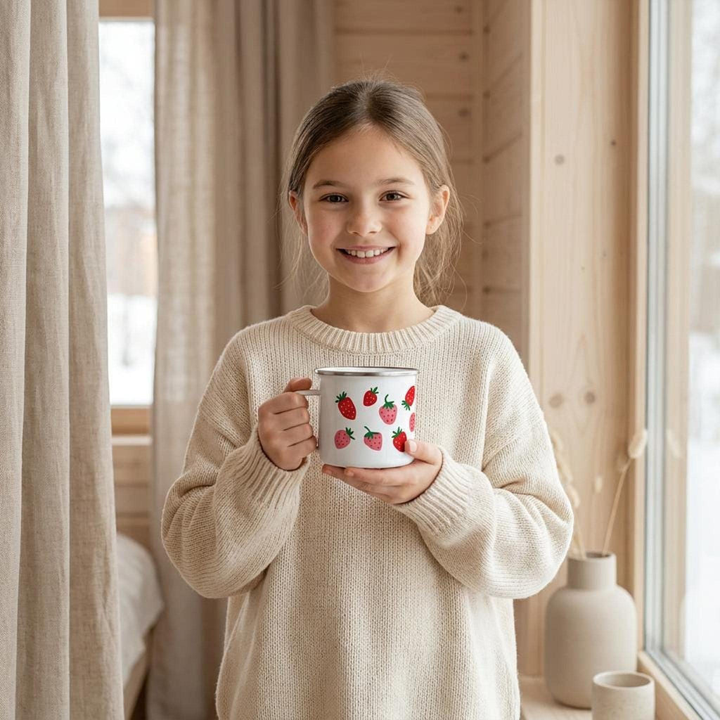 A young girl with long blonde hair smiles while holding a personalized strawberry mug in a sunlit indoor setting.