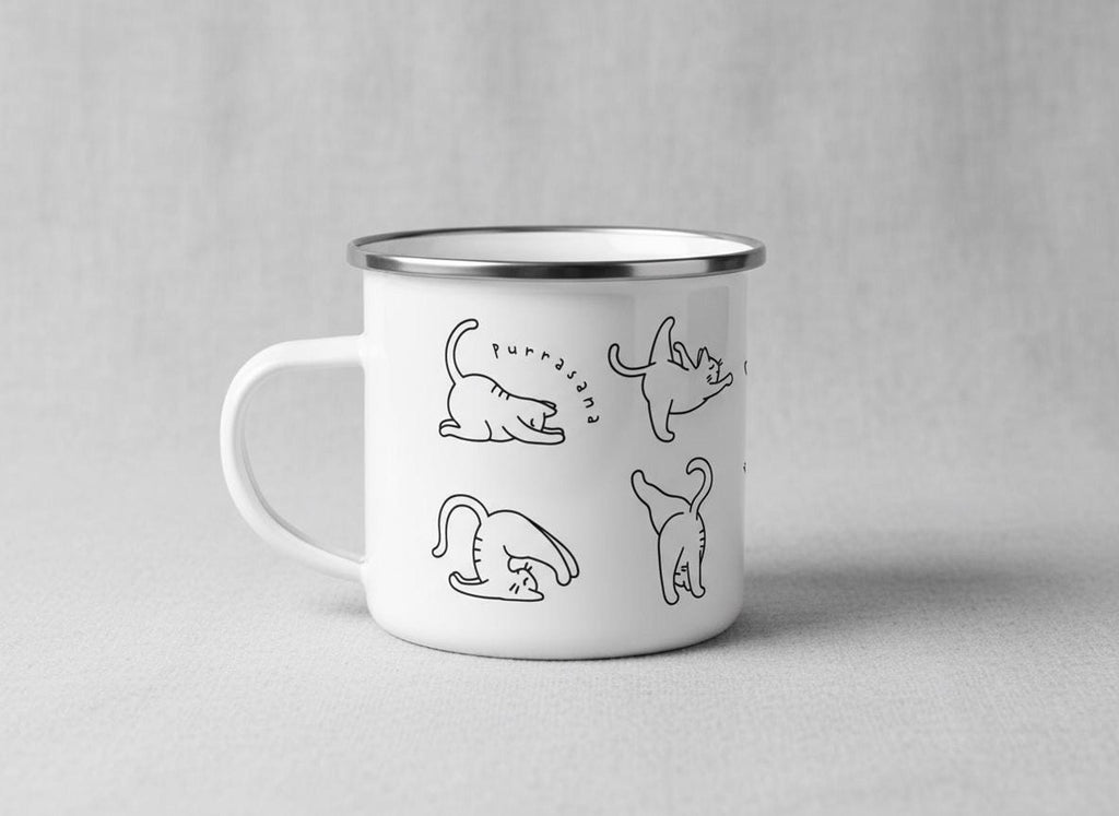 Side view of the white enamel camping mug showing line drawings of stretching cats and the text Purrasana.