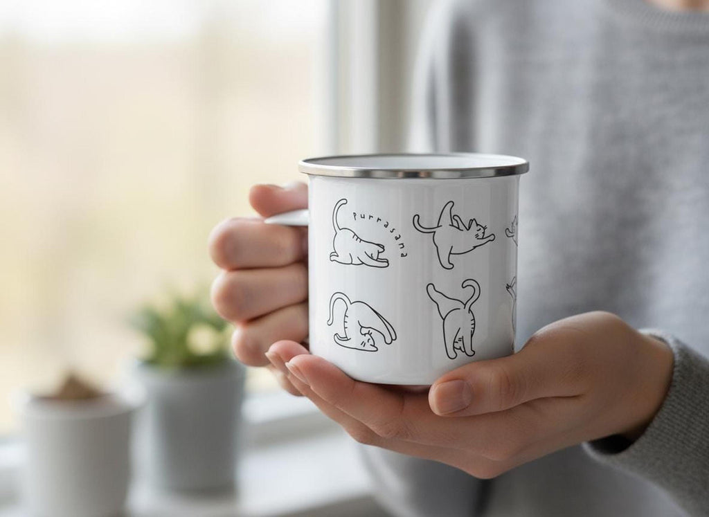 Close-up of hands holding the white enamel mug with cat yoga graphics in front of a window.
