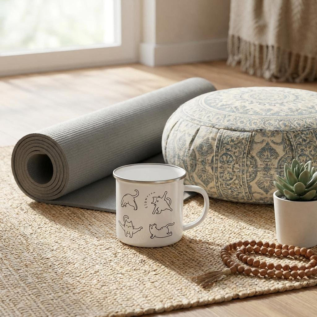 The cat yoga mug placed on a woven rug next to a rolled yoga mat, a meditation cushion, and a small potted plant.