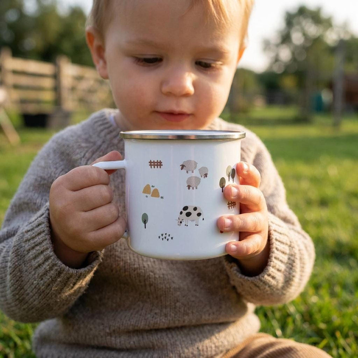 A toddler wearing a knitted sweater sits on grass outdoors while holding a white enamel mug decorated with farm graphics.