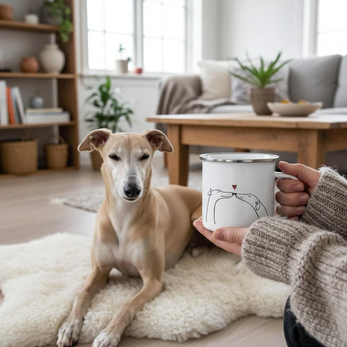 A person holds a white enamel mug with a dog illustration while a fawn-colored whippet sits nearby on a sheepskin rug indoors.