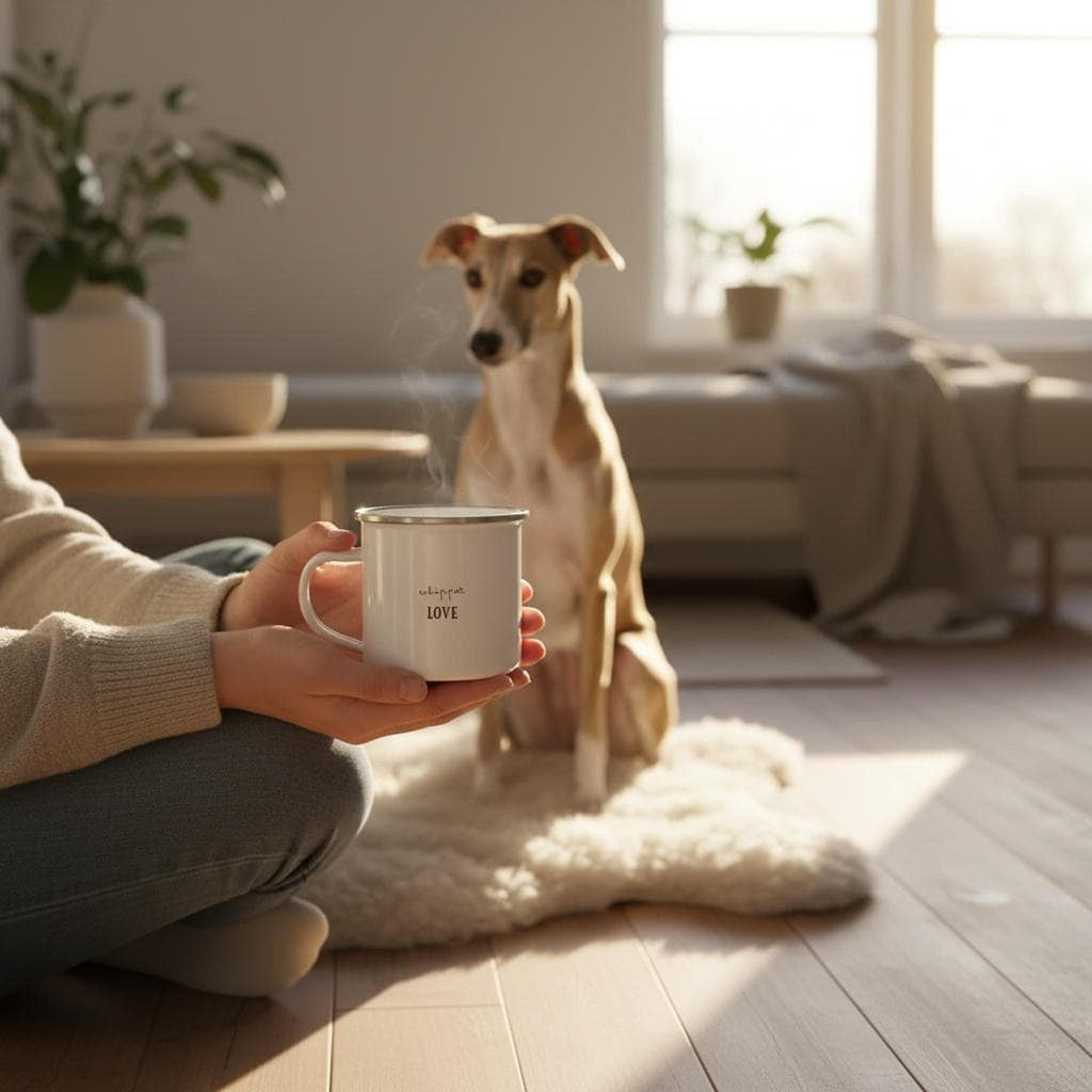 A person sits on a wooden floor holding a steaming white enamel mug with the text whippet LOVE, with a fawn whippet sitting on a sheepskin rug nearby.