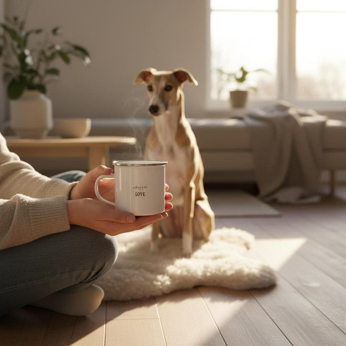 A person sits on a wooden floor holding a steaming white enamel mug with the text whippet LOVE, with a fawn whippet sitting on a sheepskin rug nearby.
