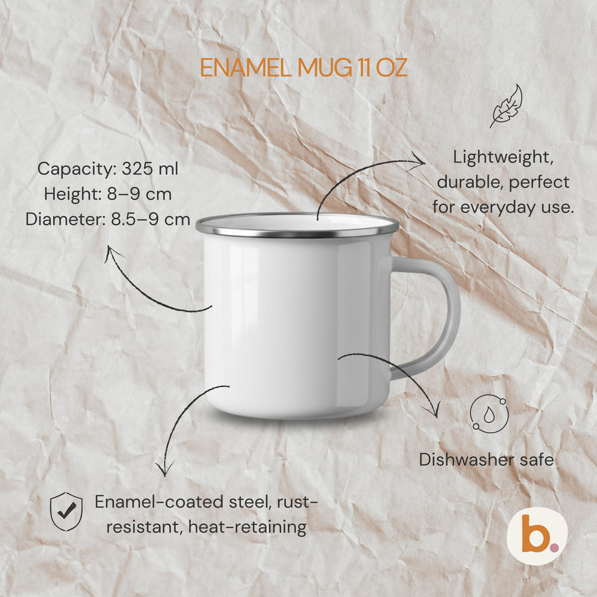 A plain white enamel mug with a silver rim is shown on a crinkled paper background with feature callout labels and dimensions.