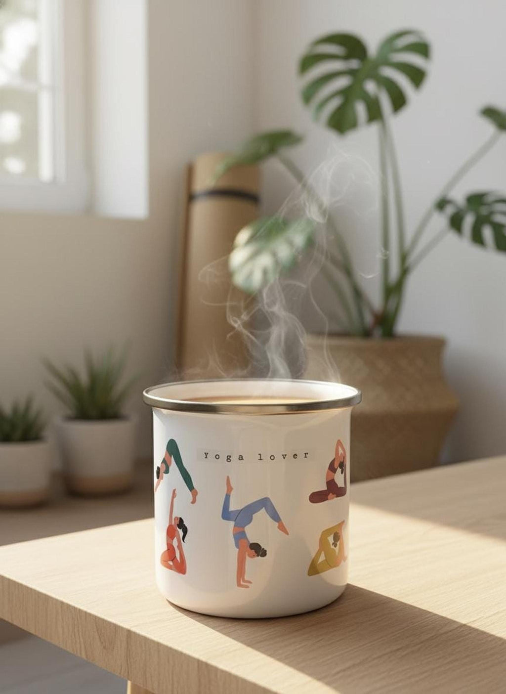 A steaming white enamel yoga mug on a wooden table with potted plants and a yoga mat in the background.
