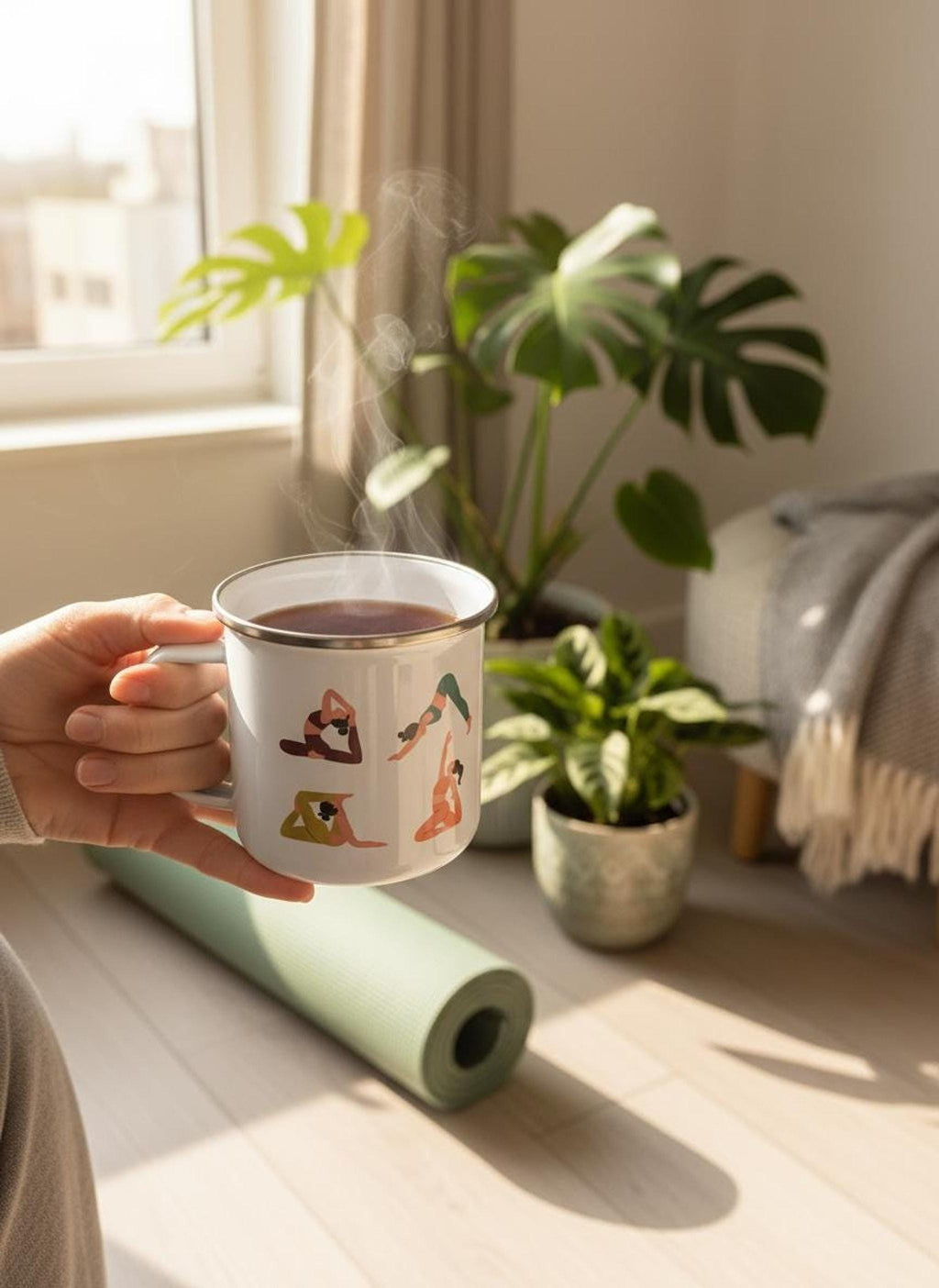 Person holding a steaming yoga enamel mug with a rolled-up green mat and plants visible in the background.