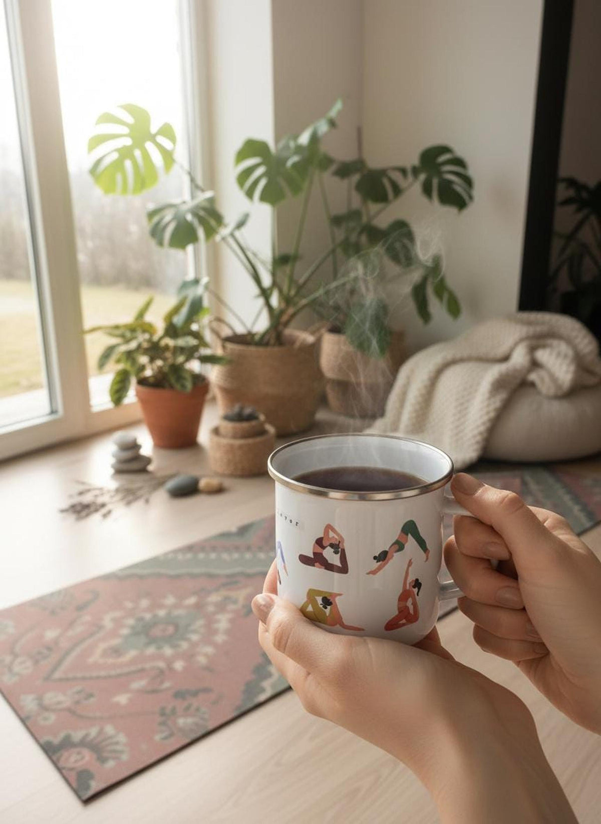 Hands holding a steaming white yoga mug over a room with a yoga mat and potted plants.