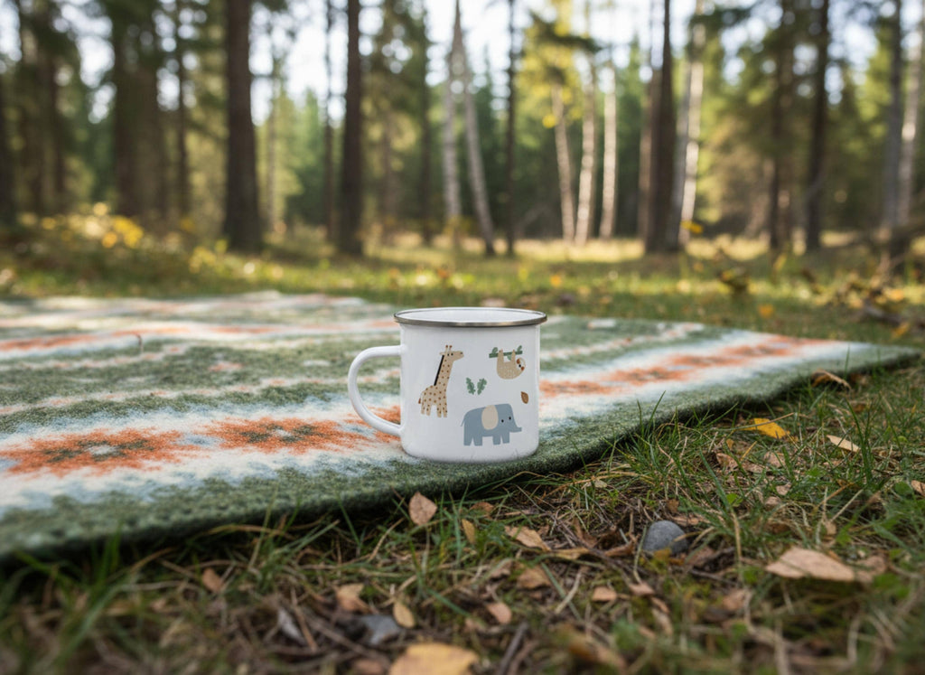 A single white enamel mug with multiple safari animal illustrations sitting on a patterned blanket spread on forest grass.