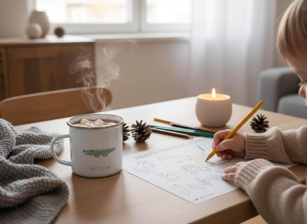 A child colors a safari-themed printable sheet at a wooden table next to a steaming enamel mug of hot chocolate.
