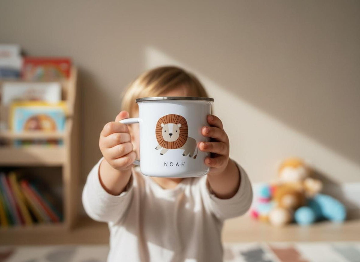 A child holds up a white enamel mug featuring a lion illustration and the name Noah in front of a toy shelf.