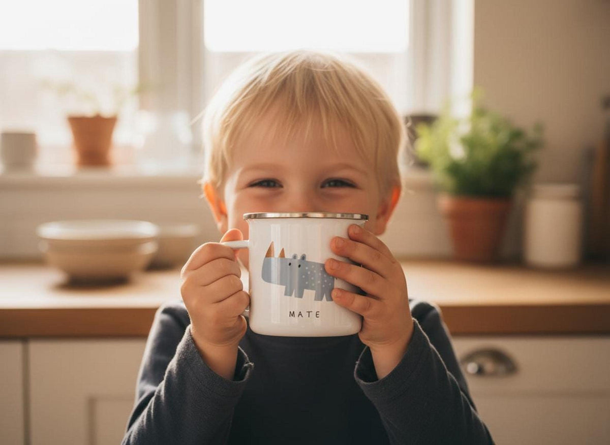 A young child smiling behind a white enamel mug with a blue rhinoceros graphic and the name Mate.