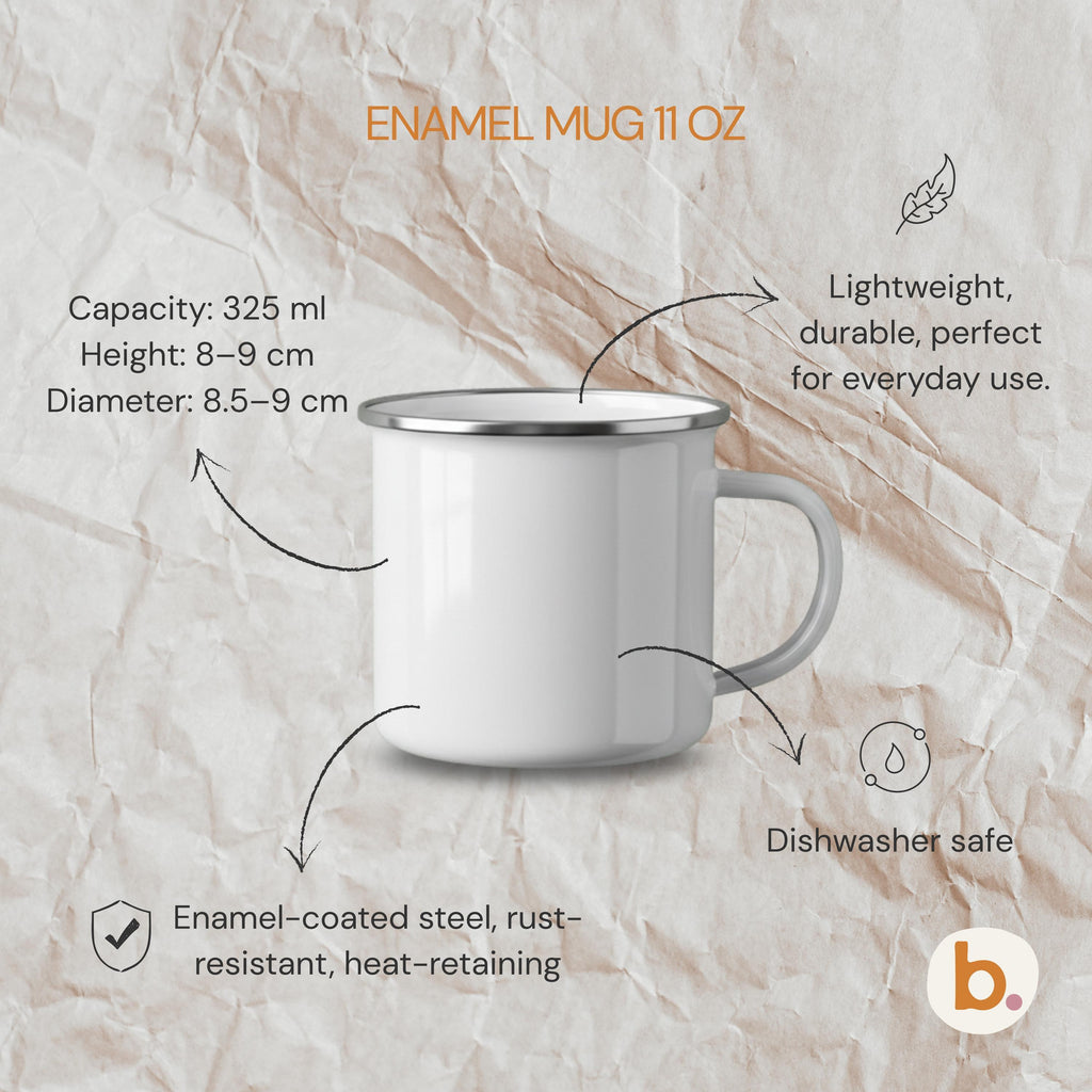 A white enamel mug is displayed on a textured background surrounded by text callouts highlighting its capacity, dimensions, dishwasher-safe icon, and steel material.