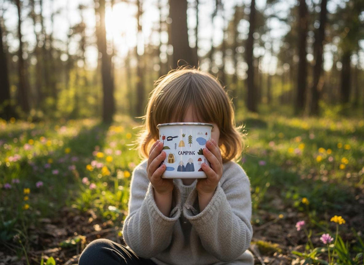 A child holds a white camping enamel mug up to their face in a sunlit pine forest with scattered wildflowers.