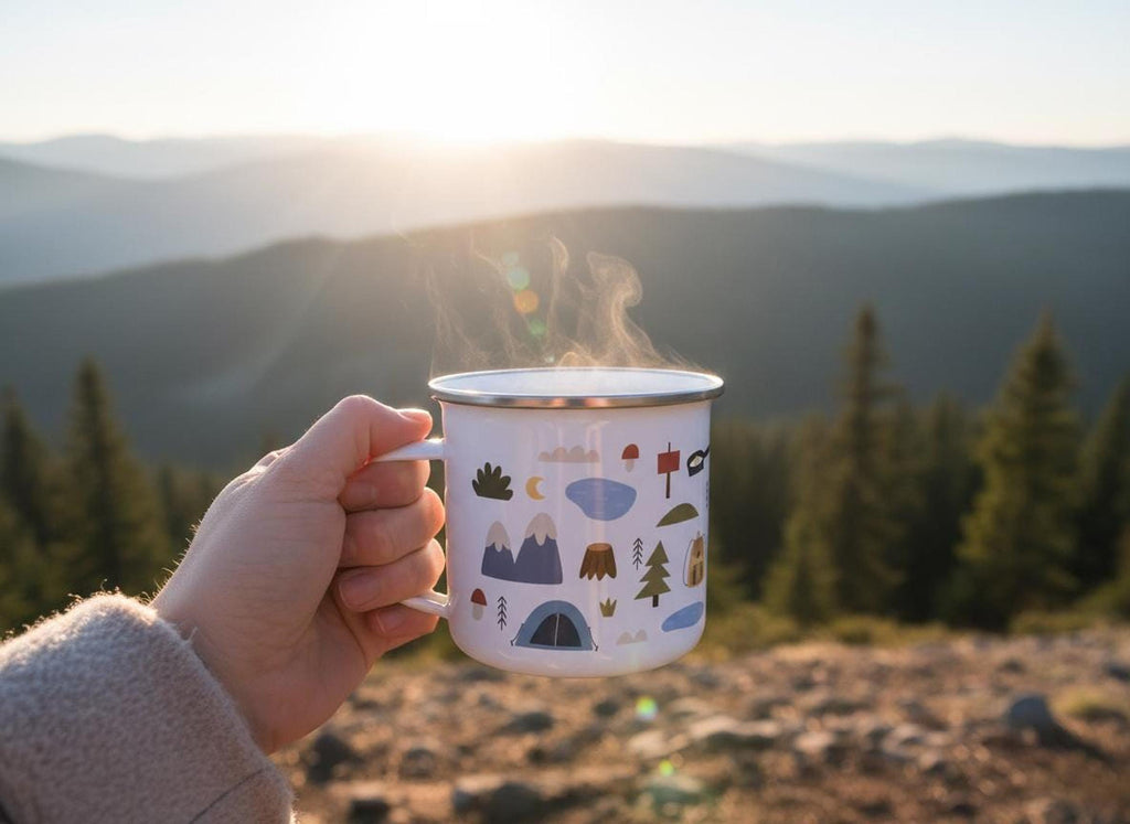 A person holds a steaming white camping mug outdoors with pine trees and hazy mountains in the background during sunset.
