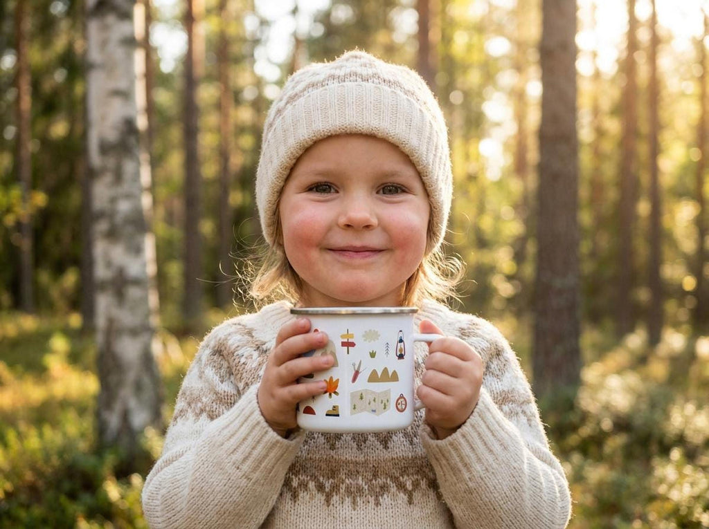 A smiling child wearing a knit hat and sweater holds a white camping mug decorated with nature illustrations in a sun-dappled forest.