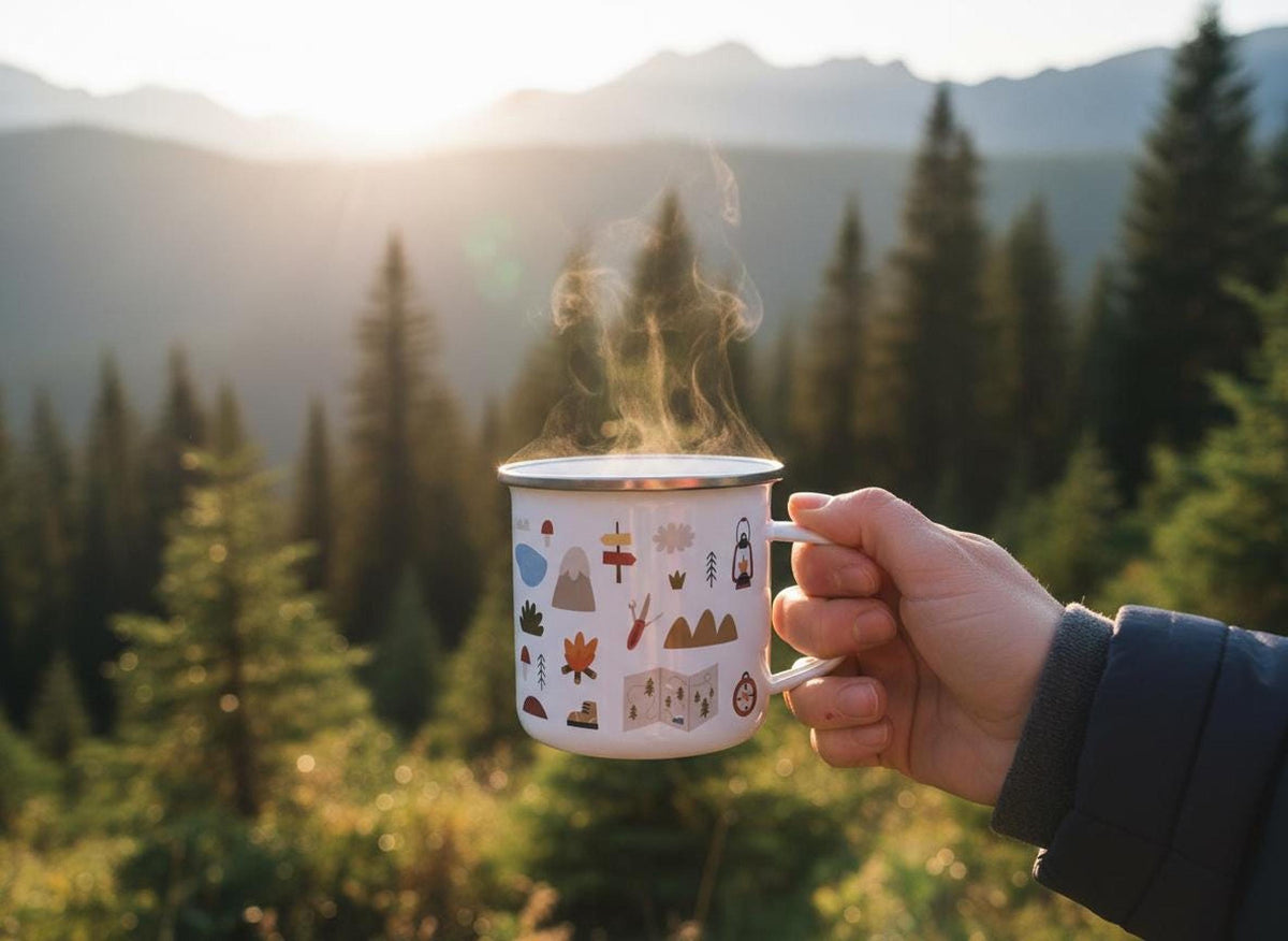 A hand holds a steaming white enamel mug with outdoor graphics against a backdrop of pine trees and mountains at sunset.