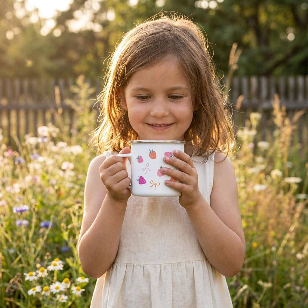 A young girl in a cream dress holds a personalised white enamel mug decorated with strawberries while standing outdoors in a garden with wildflowers.