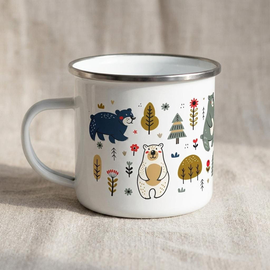 A side view of the white enamel mug highlighting its handle and the illustrated bear pattern.