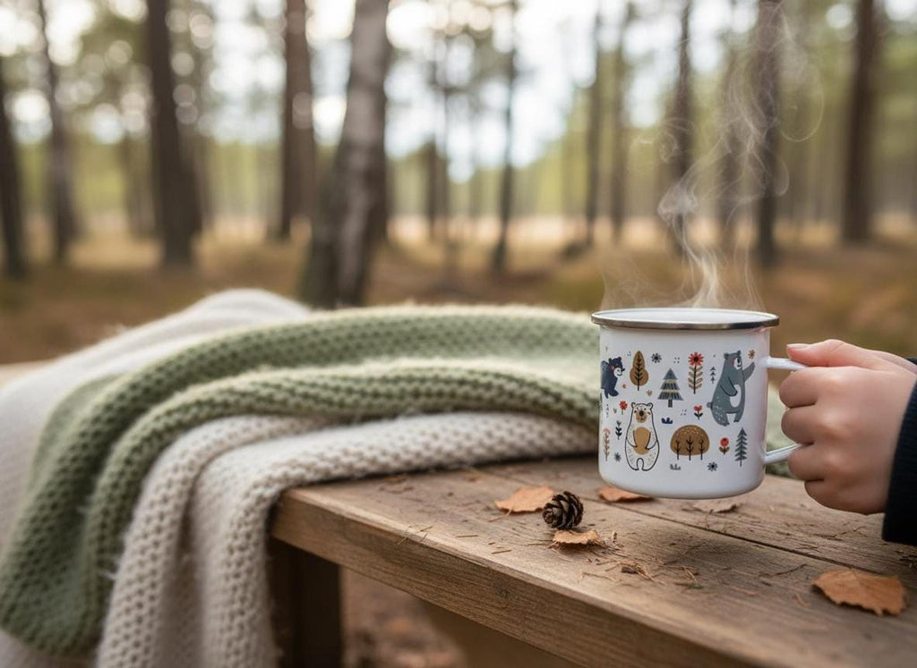 A hand holds a steaming white enamel mug with a bear pattern on a wooden bench outdoors next to a knitted blanket and pinecone.