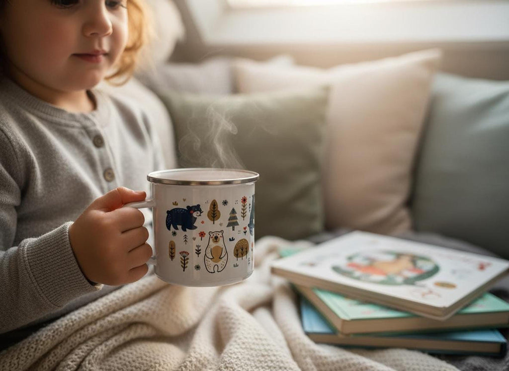 A child in a grey top holds the steaming bear mug indoors on a blanket near stacked books and pillows.