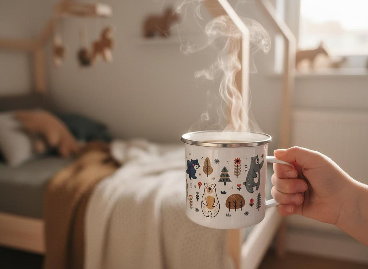 A hand holds a steaming white enamel mug in a cozy bedroom with a wooden bed frame in the background.