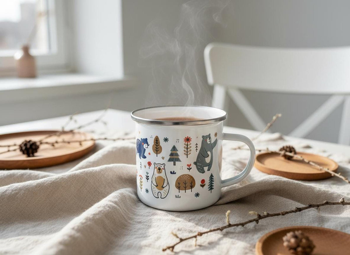 A steaming white enamel mug rests on a light linen tablecloth surrounded by wooden plates, twigs, and pinecones.