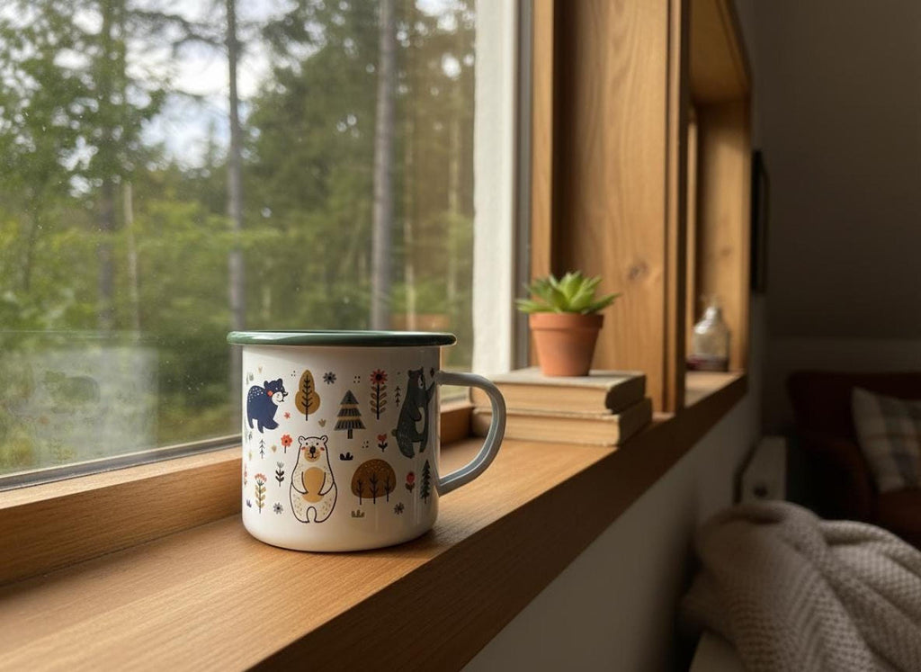 The white enamel mug with a green rim sits on a wooden windowsill overlooking a green forest.