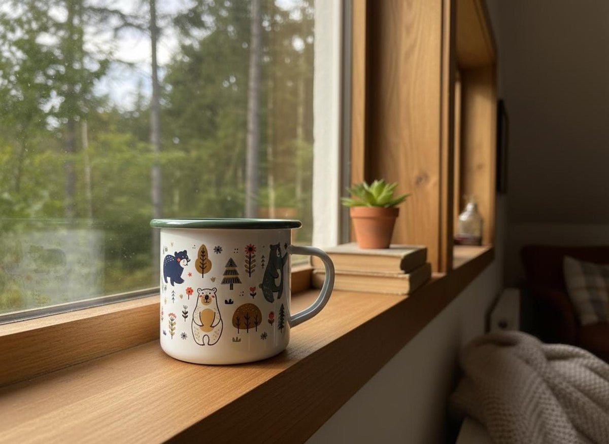 The white enamel mug with a green rim sits on a wooden windowsill overlooking a green forest.
