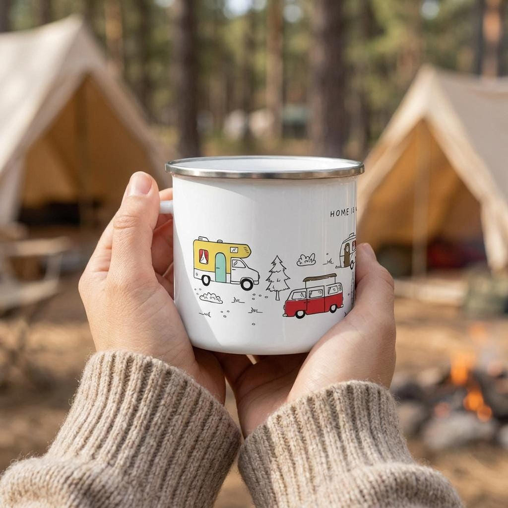 Person wearing a beige knit sweater holding the campervan enamel mug in front of a campsite with two tents.