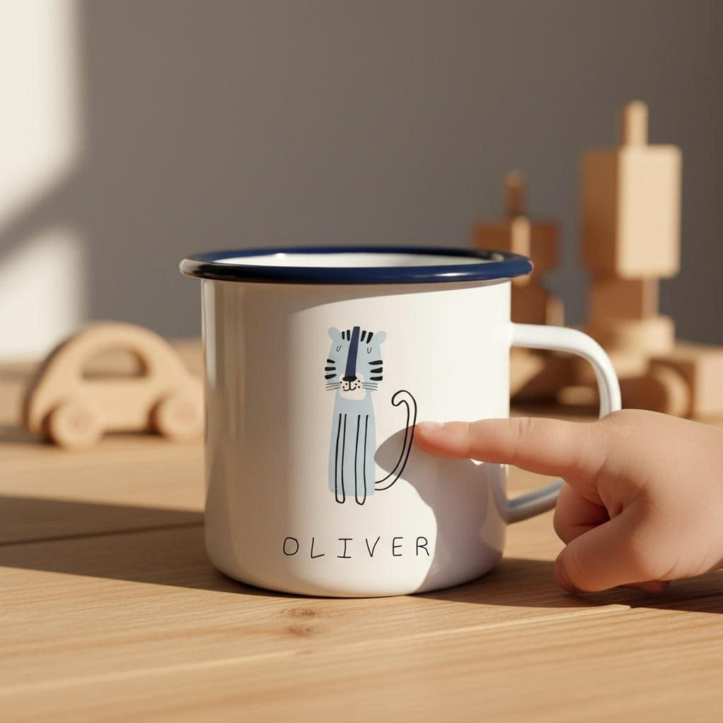 A child's hand points to a blue tiger illustration on a white enamel mug with a dark blue rim on a wooden surface.