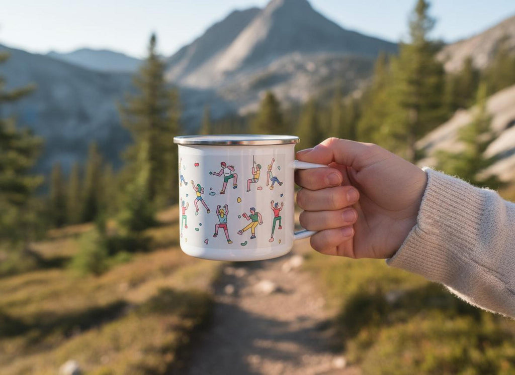 A person in a sweater holds a white climbing-themed enamel mug on a mountain trail with trees and peaks in the distance.