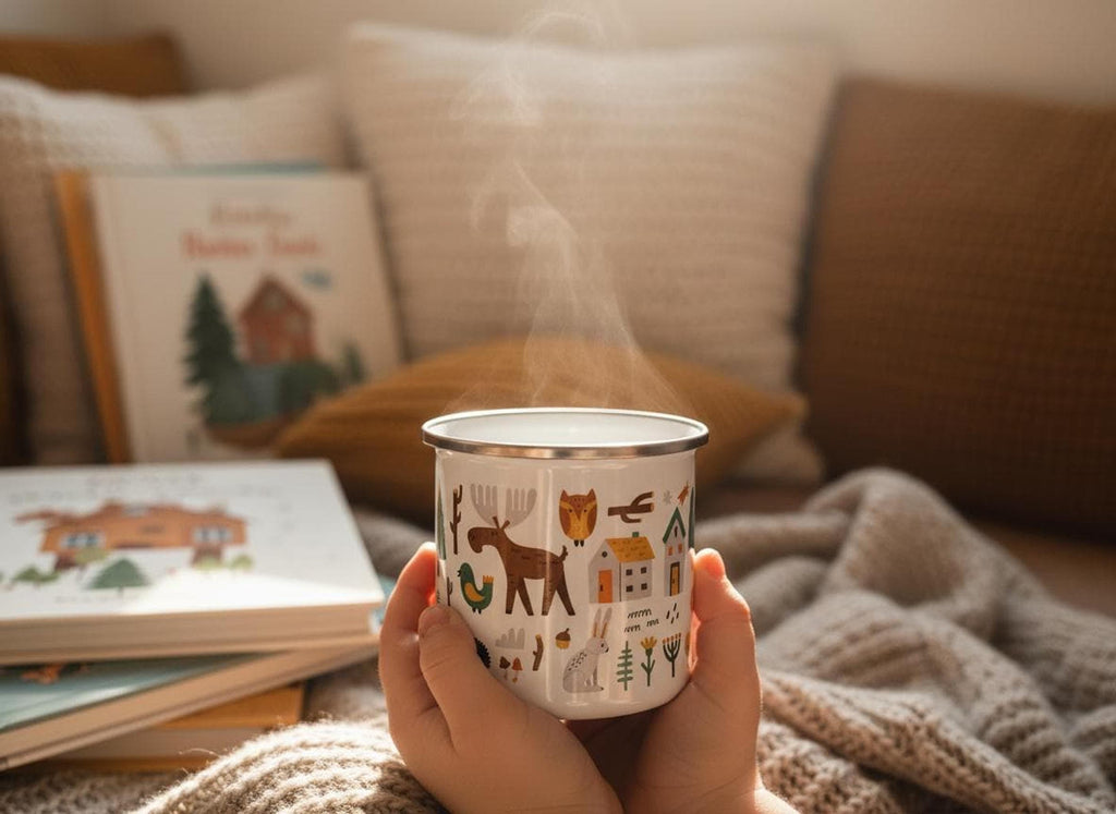 A steaming white enamel mug with animal and nature illustrations is held by two hands on a cozy blanket with books in the background.