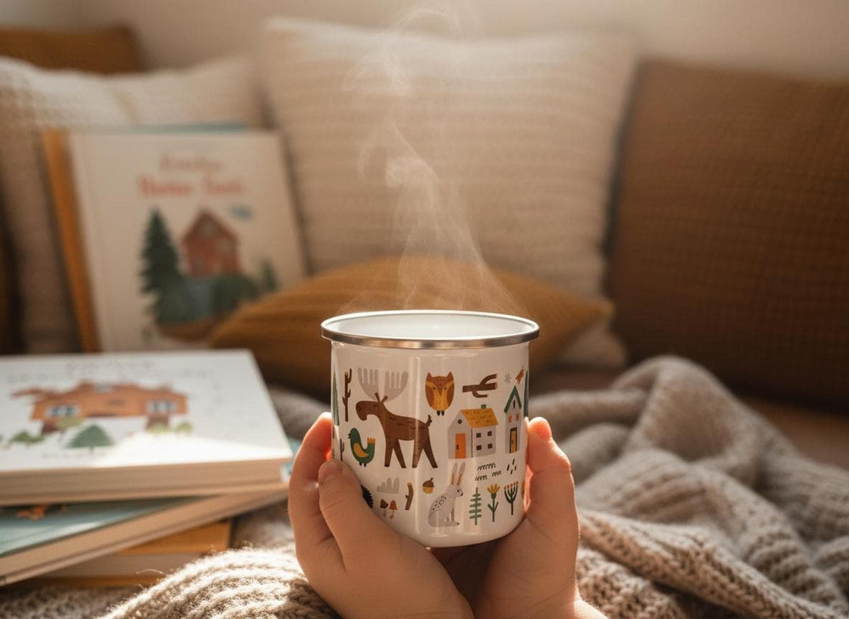A steaming white enamel mug with animal and nature illustrations is held by two hands on a cozy blanket with books in the background.