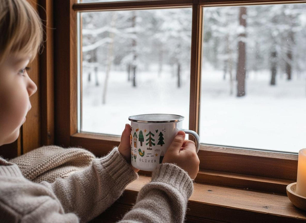 A child in a knitted sweater holds a white enamel mug featuring forest graphics while looking out a window at a snowy forest landscape.