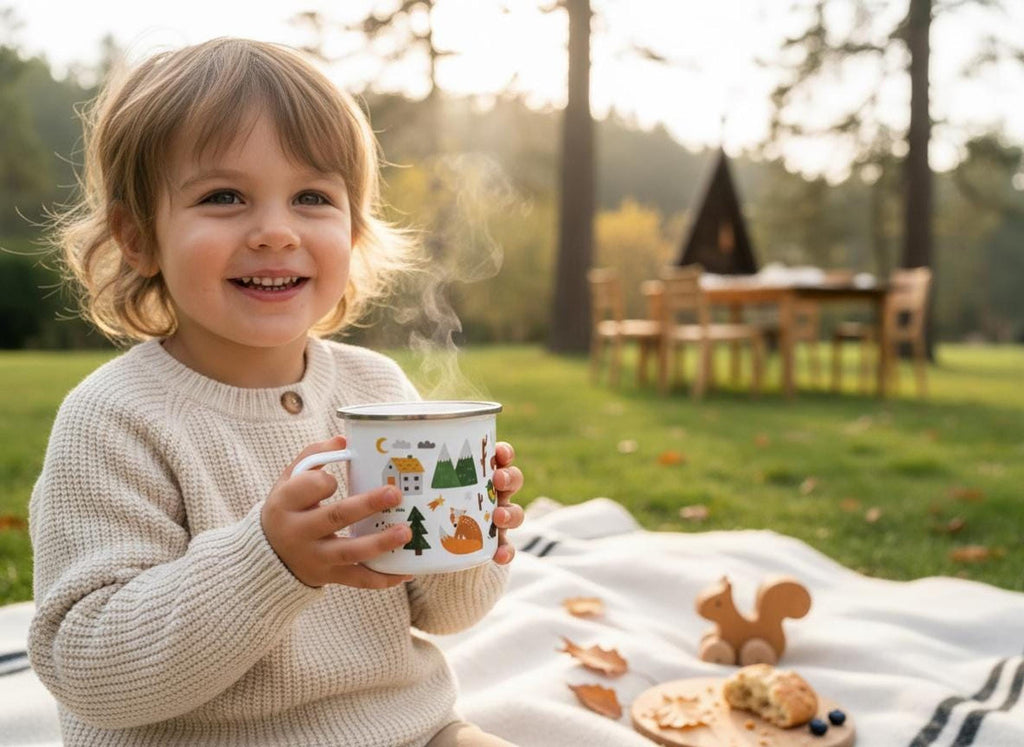 A smiling toddler holds a steaming white enamel mug with woodland illustrations on a picnic blanket outdoors.