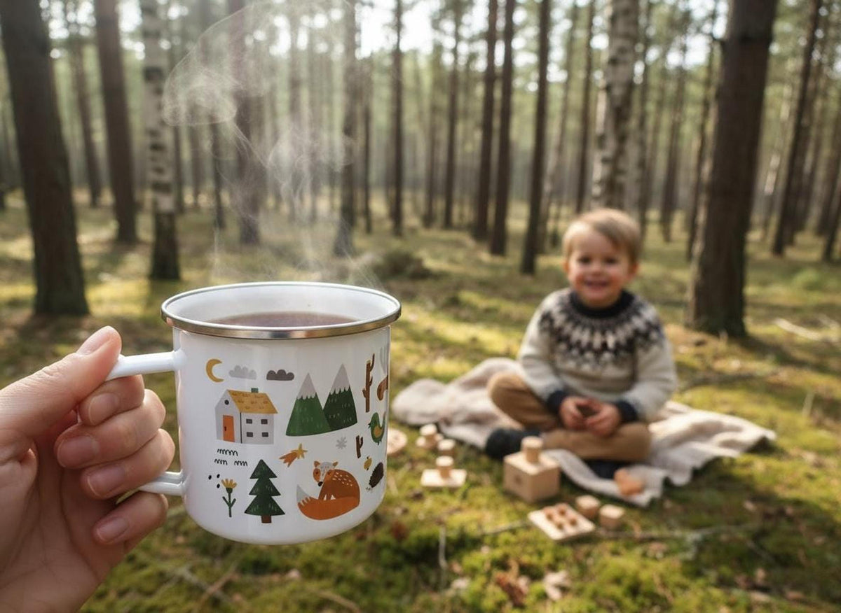 A hand holds a steaming white enamel mug decorated with a fox and trees in the foreground, with a child sitting on a blanket in the pine forest behind.
