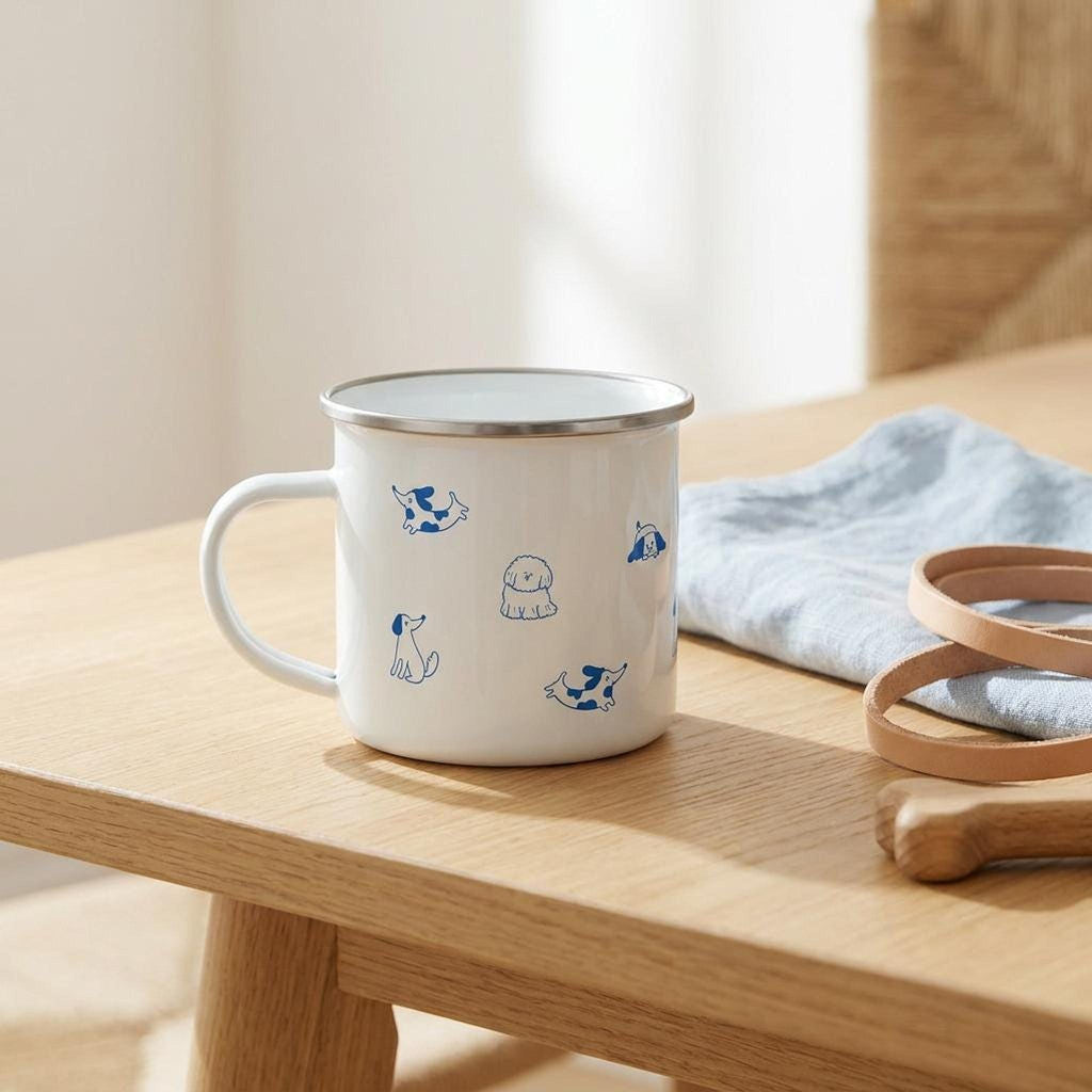 A white enamel mug with a silver rim and blue dog illustrations rests on a light wood tabletop beside a folded blue cloth and leather strap.