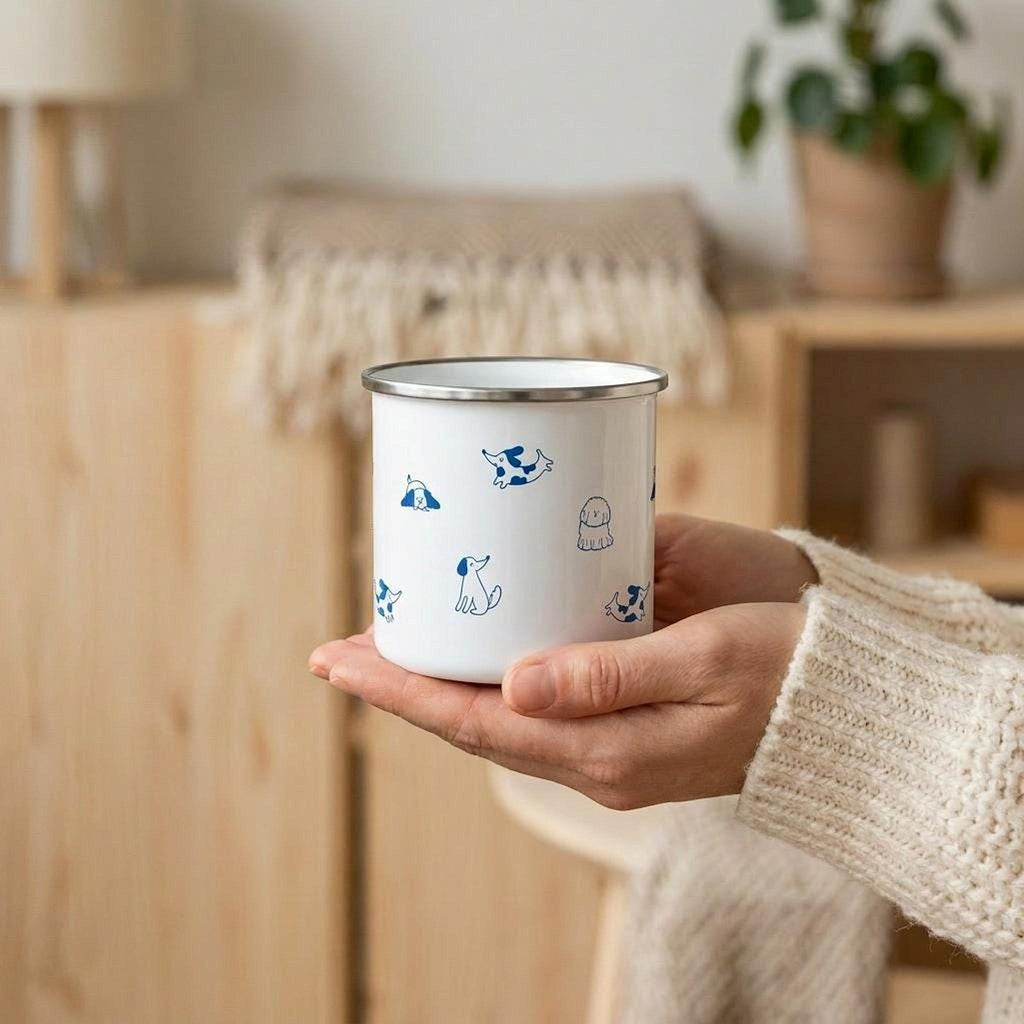 A person holds a white enamel mug decorated with blue dog patterns against a softly blurred indoor wooden background.