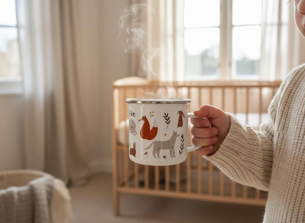 A person in a cream knit sweater holds a steaming white enamel mug decorated with forest animals inside a child's bedroom with a crib.
