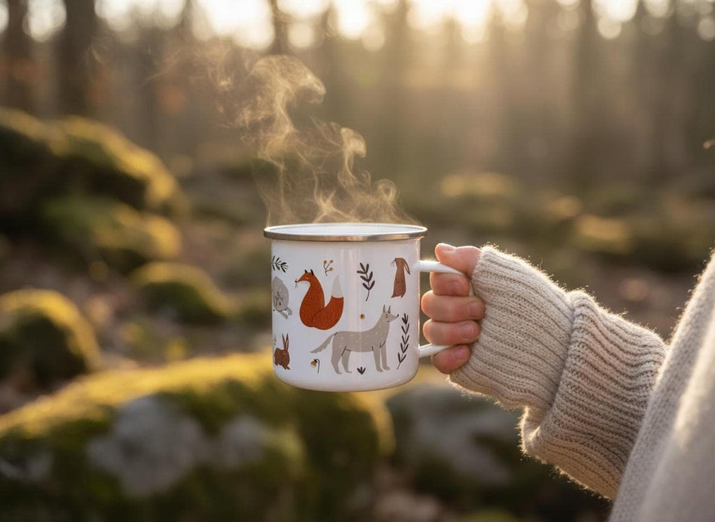 A hand wearing a knit sweater holds a steaming white enamel mug with forest animal illustrations in front of a mossy outdoor landscape.