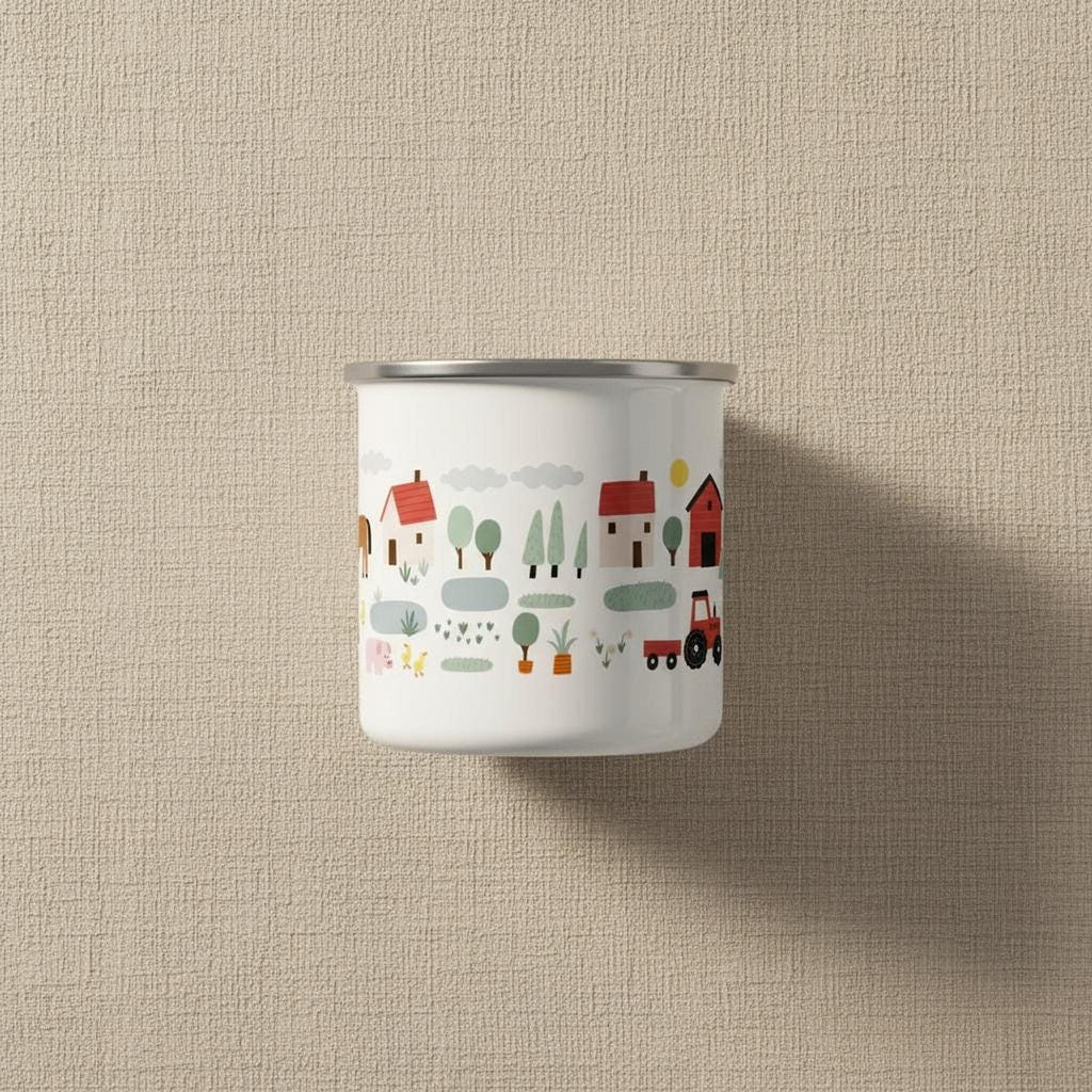 A white enamel mug featuring a continuous printed pattern of farm buildings, tractors, and animals against a textured background.