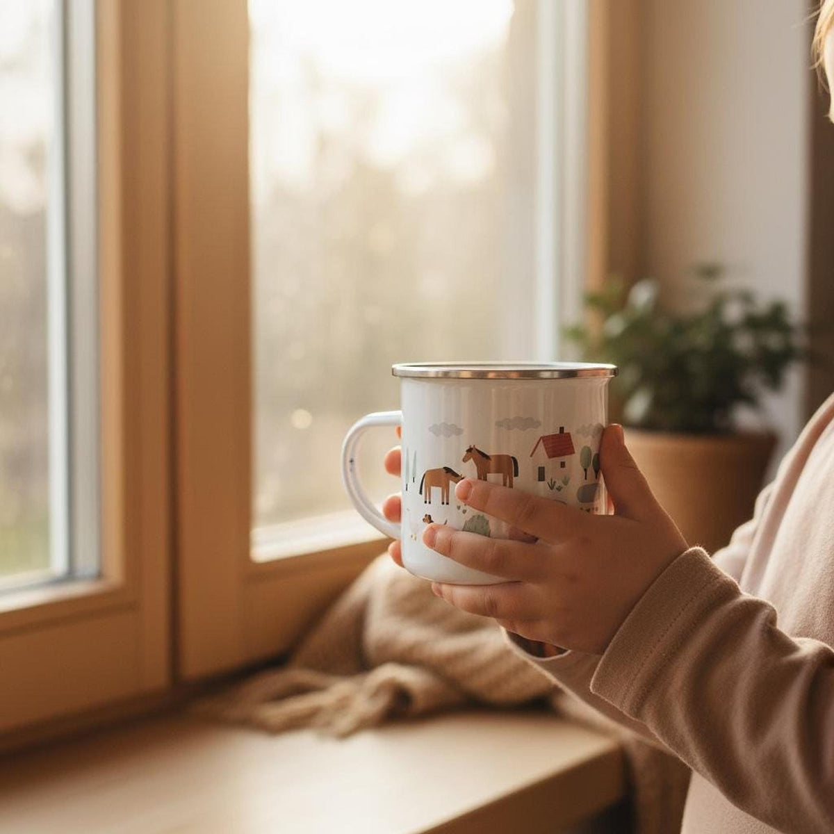 A person holds a white enamel mug decorated with farm animals near a sunlit window.